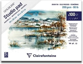 Clairefontaine - Ref 421/1021Z - Goldline Watercolour Studio Glued Pad (Pack of 100 Sheets) - 24 x 32cm in Size, 200gsm mix of cotton and cellulose, High Absorbency
