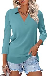 TICTICMISS Womens Polo Shirts 3/4 Sleeve V Neck Collared Tops Business