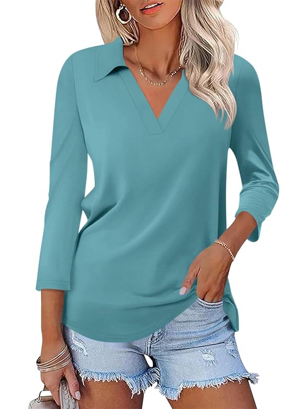 TICTICMISS Womens V Neck Polo Shirts 3/4 Sleeve Collared Tops Business Casual Summer Tops Trendy Loose Turquoise by TICTICMISS - Used condition - US$17.03