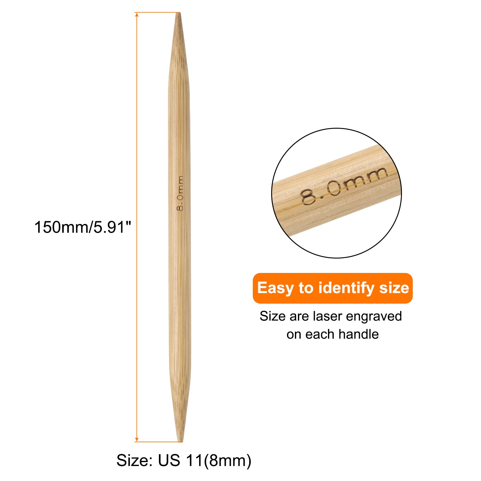 HARFINGTON 5 agujas de tejer de bambú de doble punta tamaño US 11 (8 mm) carbonizadas rectas de 6 pulgadas (15 cm) para proyectos de hilo creativos hechos a mano