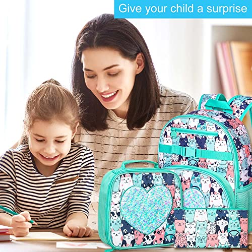 Ftjcf 3Pcs Backpack For Girls, 16" Cute Cat Sequins Kids Bookbag With Lunch Box, Elementary Preschool Kindergarten School Bag Set - Green #TOP5