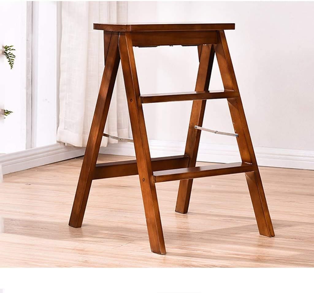 Folding Chairs Wooden Creative Simple Adjustable Step Stool Kitchen Stool Portable Step Ladder Thicken Home Bench with Steps on Both Sides (Color : Walnut)