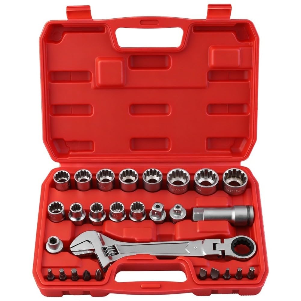 EasyByMall Set di chiavi a bussola a cricchetto da 28 pezzi, 10-24 mm, 12 punti, con adattatori a sgancio rapido, strumento 3 in 1 per punte Torx esagonali