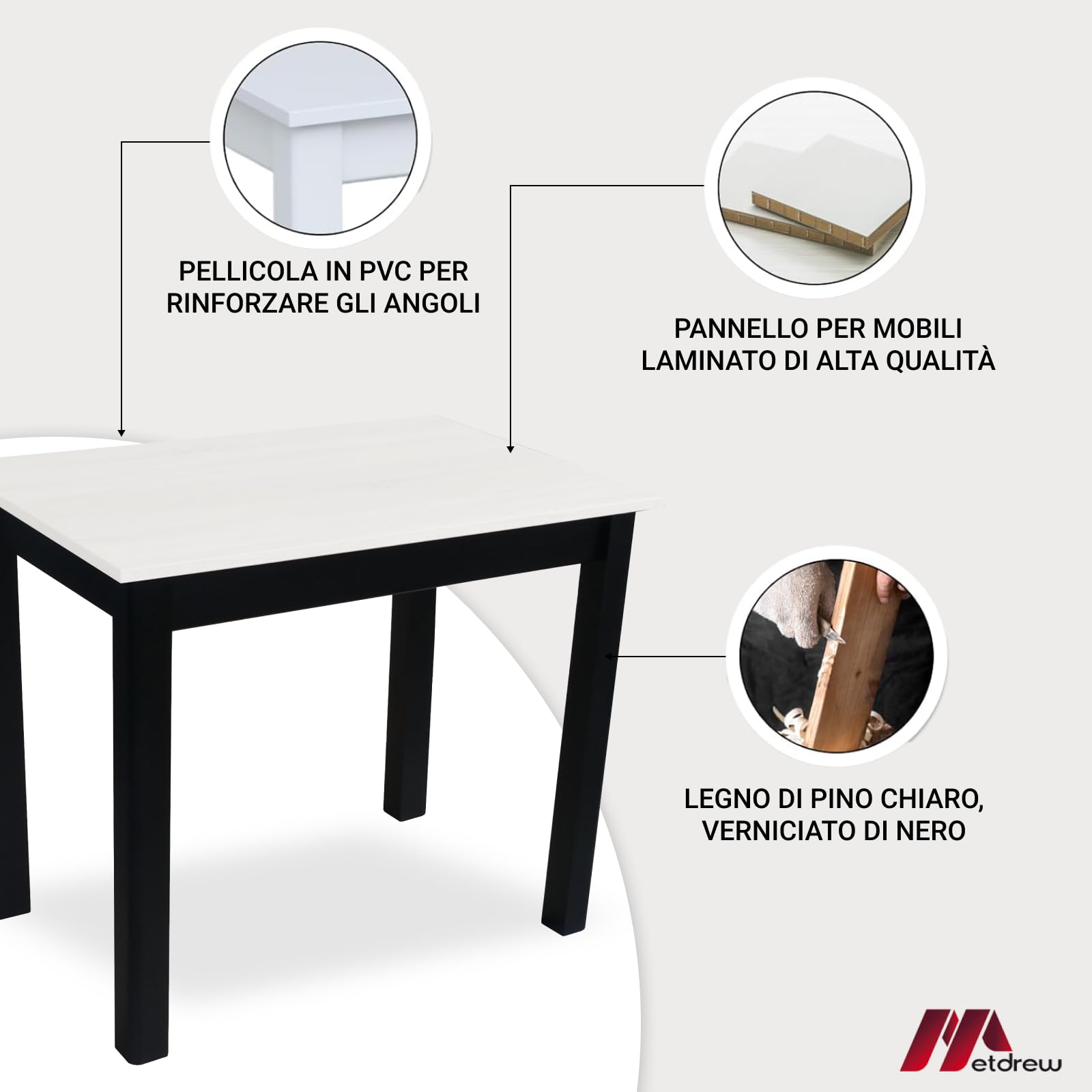 Tavolo da Pranzo in Legno 100x60 cm per 2 Persone - Tavolo Cucina Piccolo Stile Scandinavo - Pino - Piano