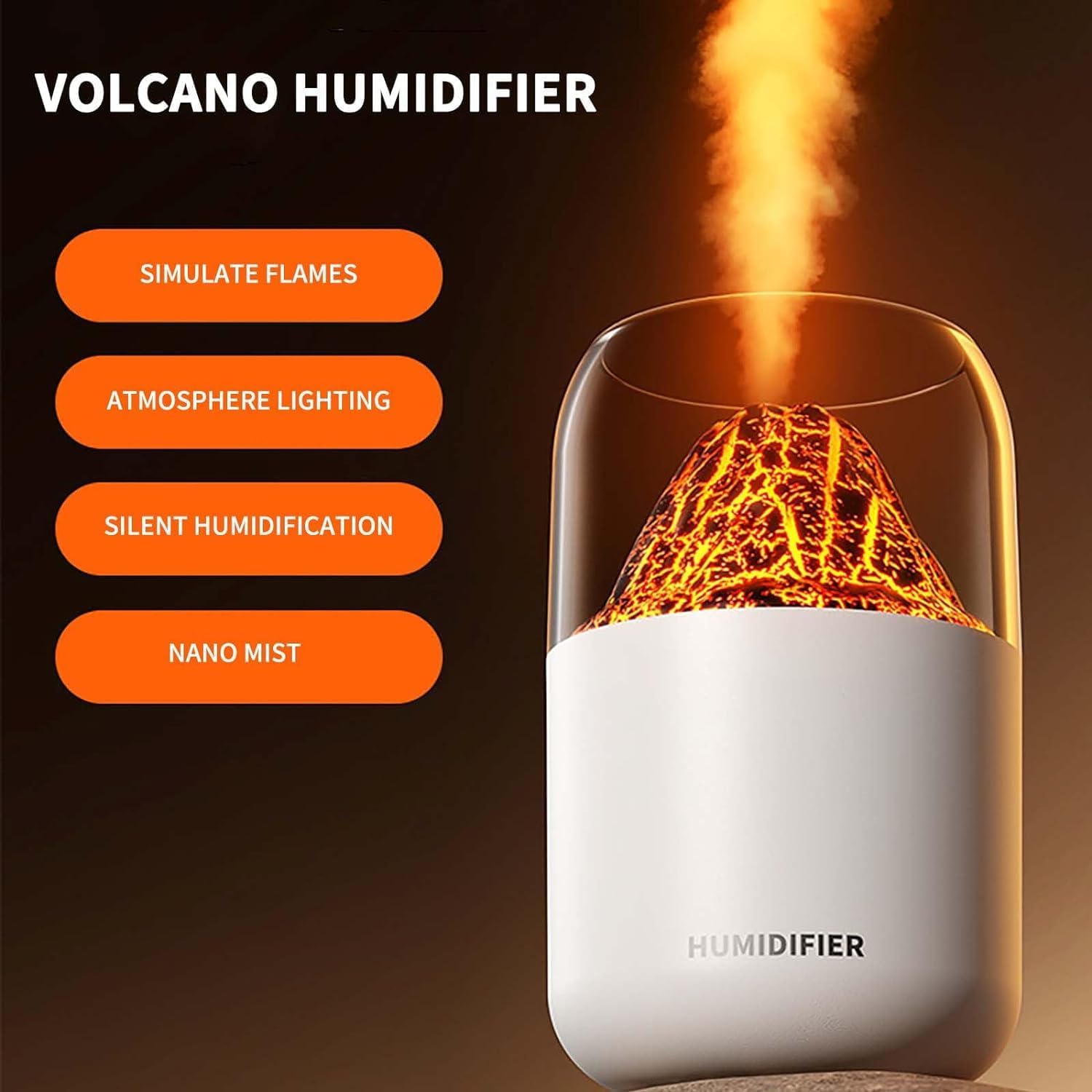 PURE NEST Volcano Humidifier with LED Flame Effect | Cool Mist Aroma Diffuser for Home, Office & Bedroom | Silent Operation, Auto Shut-Off & Night Light Function 1