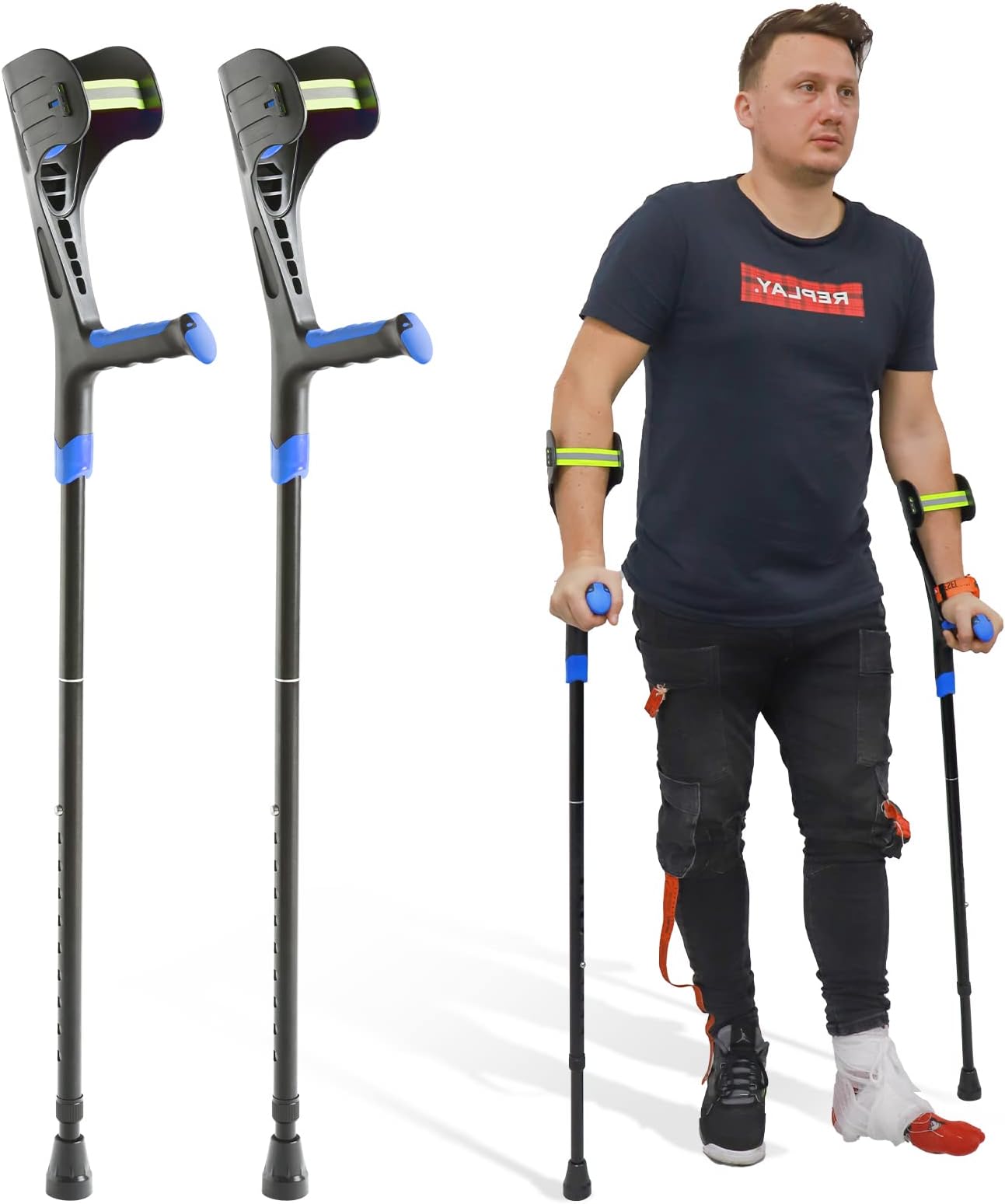 BigAlex Forearm Crutches for Adults (1 Pair) Lightweight Adjustable Arm Crutch with Soft Handle Non-Slip Base and Anti-Dorp Cuff（Blue）