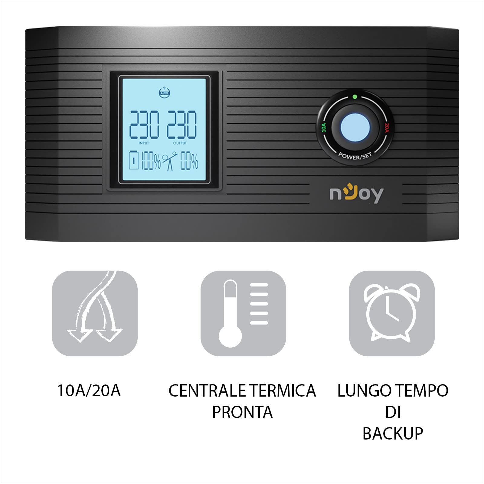 NJOY Aira 1200 Gruppo di Continuità 1200VA 1000W | Onda Sinusoidale Pura | Line Interactive AVR | Display LCD | 2 Uscite Schuko | Batteria Esterna non Inclusa | UPS Stufa a Pellet Caldaia Termocamino