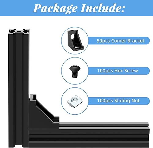Miniatura 3 de Juego de 50 conectores de perfil de aluminio serie 2020, incluye 50 soportes de esquina, 100 tuercas en T M5 y tornillos hexagonales M5x8 mm para