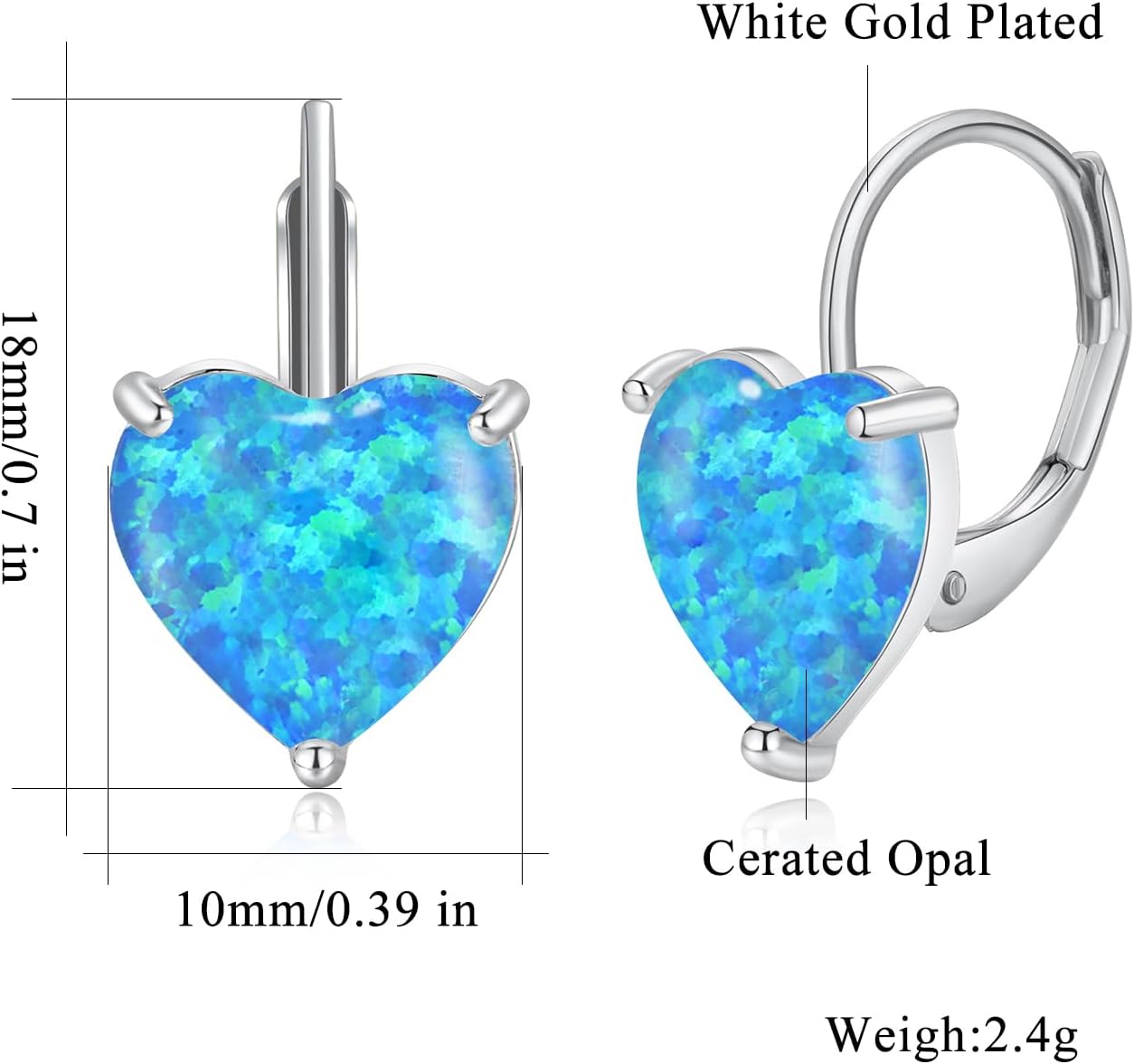 CiNily Heart Opal Earrings Short Leverback Drop Earrings for Women Hypoallergenic, Pendant Earrings 14K White Gold / Rose Gold Plated Hanging Lever Earrings Opal Hoops Fashion Jewelry Gifts for Sensitive Ears - Image 3
