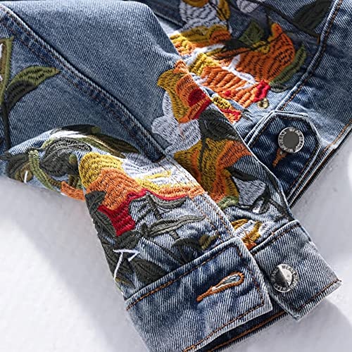 Wpyyi Spring Autumn Embroidered Flower Jeans Jacket Women Loose Short Coat Denim Jacket Vintage Casual Outerwear Womens (Color : Blue, Size : L Code) #TOP6