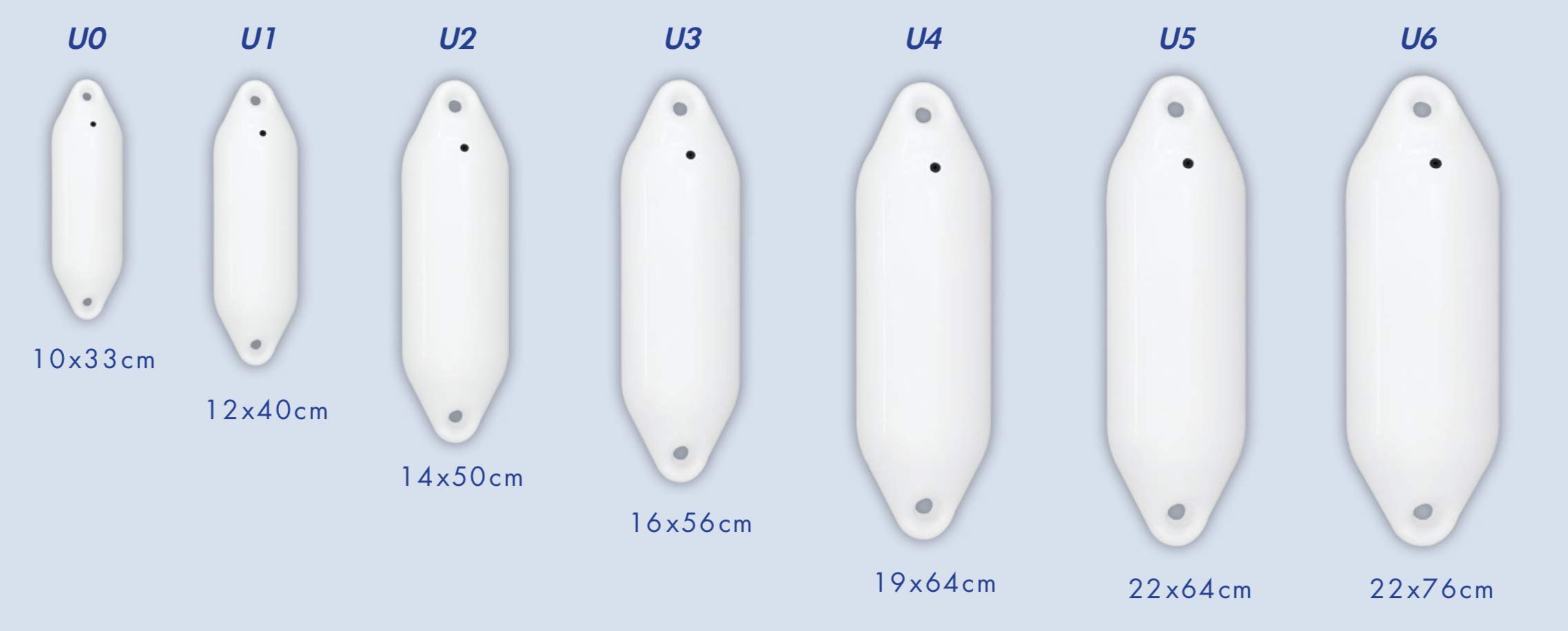 4er Set Fender incl. Fenderleinen | U-Serie | Verschiedene Größen und Farben | blau, schwarz, weiß | 33, 40, 50, 56, 64, 76 cm Länge | Boot & Yacht Stegfender, Langfender