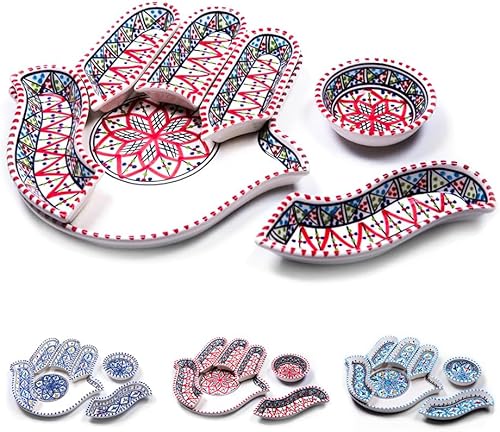 KAMSAH Juego de platos y platos para servir, bandeja Hamsa de cerámica pintada a mano personalizada, platos para servir para celebraciones, fiestas
