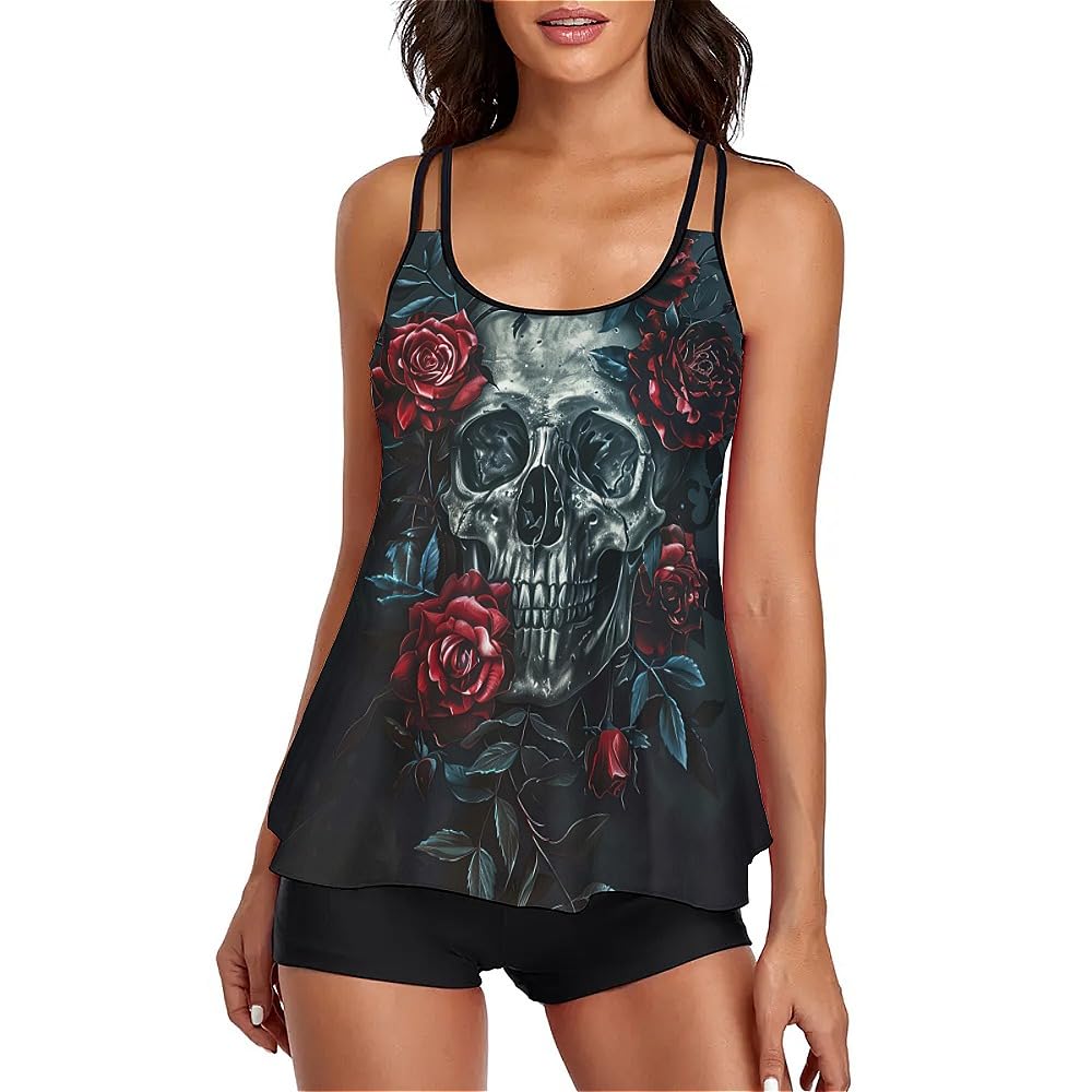 Anceky Women's Skull1 Leopard Sequin Two Piece Tankini Tops Retro Athletic Swimwear Swim Tops With Boyshorts