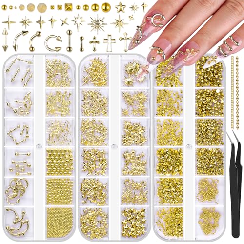 3 Boxes Gold Nail Charms Goth Nail Charms Punk Metal Nails Studs Gold Square Cone Spike Star Cross Flatback Pearls Caviar Beads Nail Chain Gold Charms for Nails Nail Gems Charms for Nails Design(Gold)
