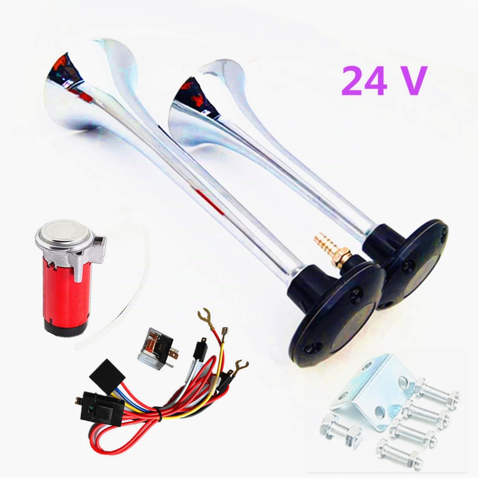 Klaxon de Voiture 150db 24V Haut-Parleur Chrome Zinc Argent Double Tube Trompette Avec Rouge Pompe à Air Pour Camion Bateau Moto