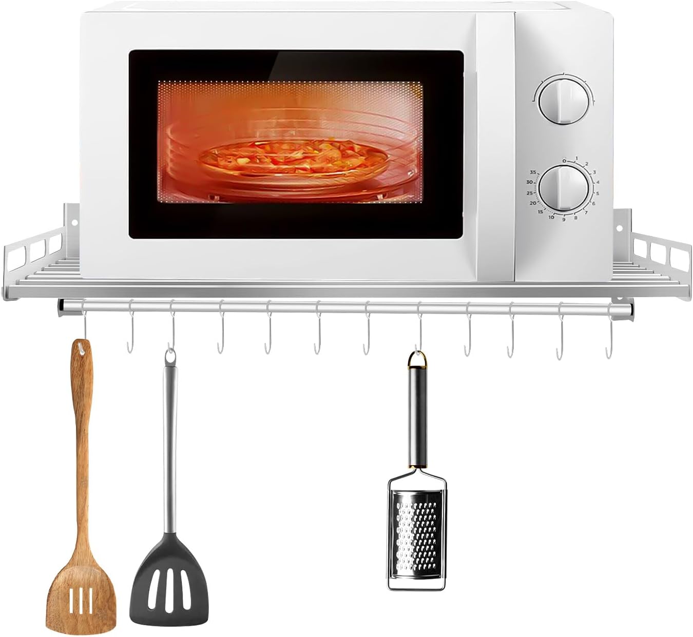 Microwave Oven Rack Shelf Wall Mount, 23.6" x 15.7"Stainless Steel Wall Electric Oven Holders with 12 Hooks, Support Load 40Lbs, Microwave Shelf for Kitchen