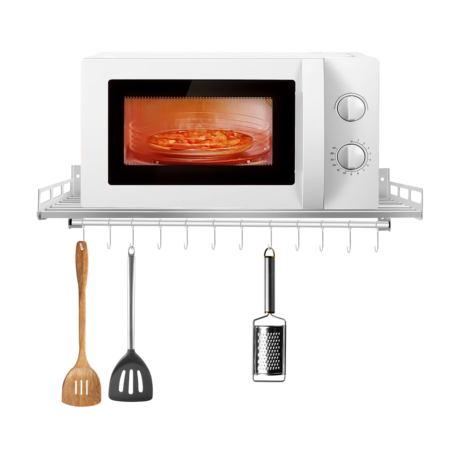 Microwave Oven Rack Shelf Wall Mount, 23.6" x 15.7"Stainless Steel Wall Electric Oven Holders with 12 Hooks, Support Load 40lbs, Microwave Shelf for Kitchen
