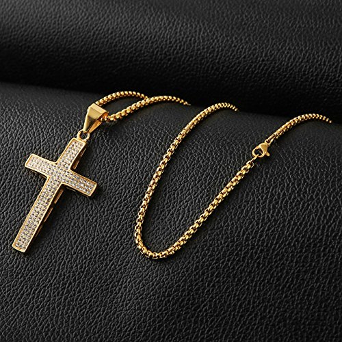 HZMAN Mens Iced Out Cross Cz Inlay Pendant 18k Gold Plated Stainless Steel Hip-Hop Necklace 24" Gold