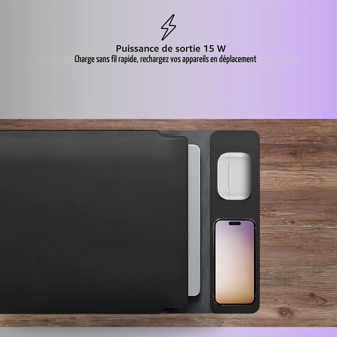Housse pour ordinateur portable avec chargement sans fil | Housse multifonctionnelle 4-en-1 en cuir, tapis de souris et tapis de bureau | Charge rapide pour téléphones et écouteurs | Protection