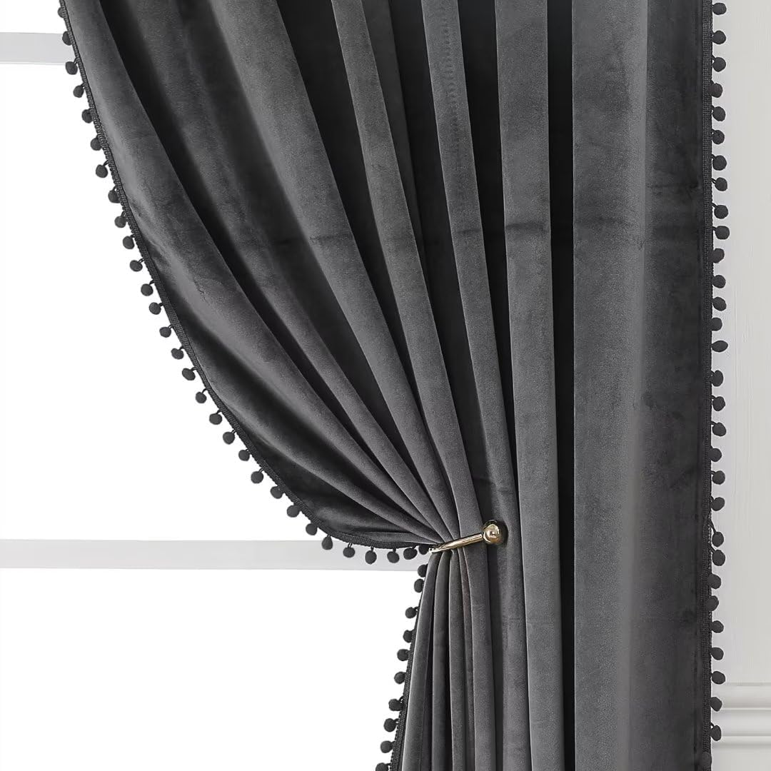 Pom Pom Velvet Curtains 96 Inches for Bedroom, Dark Grey Velvet Curtains- Thermal Insulated Room Darkening Sun Blocking Rod Pocket Window Drapes for Living Room, 2 Panels, 52 x 96 Inches