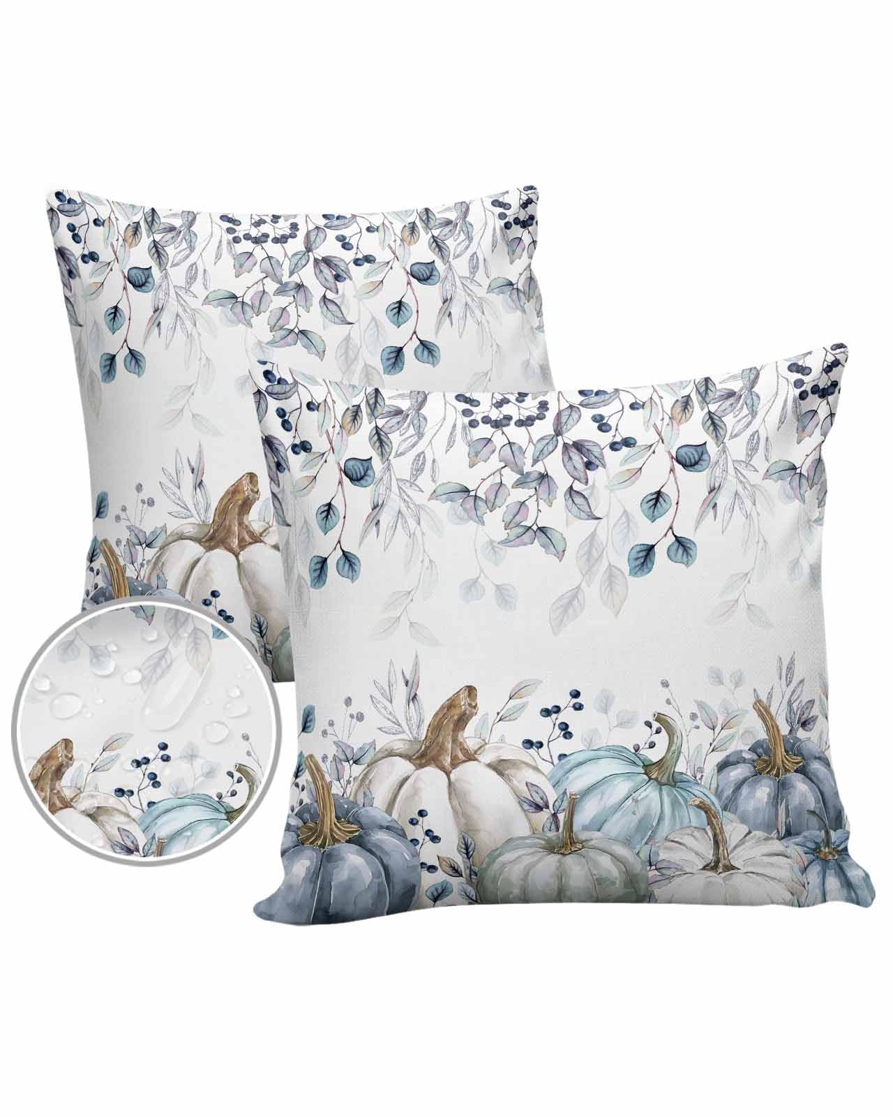 Edwiinsa Blue White Pumpkins Fall Outdoor Pillow Covers Waterproof, All Weather Cushion Case Set of 2, Maple Leaf Thanksgiving Decorative Pillowcases for Sofa Couch Bed Decor Patio Furniture 24