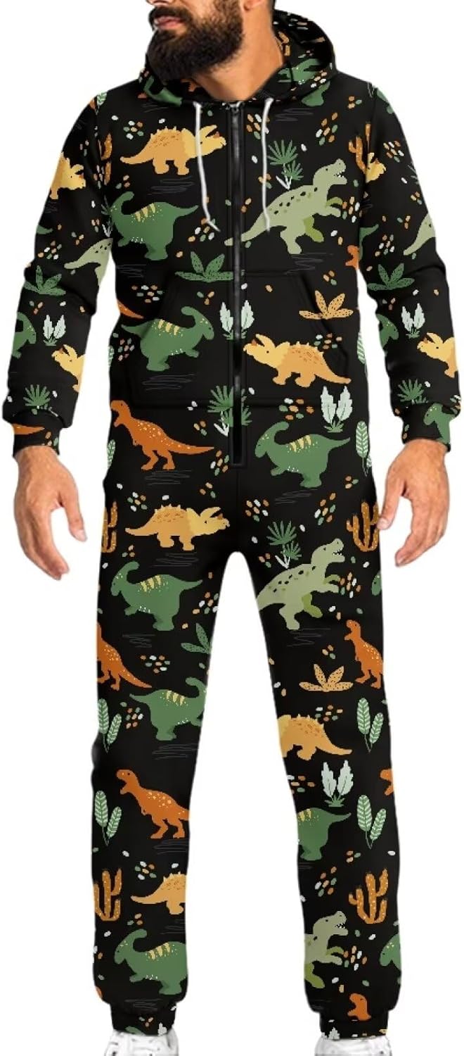 Biyejit Unisex Novelty 3D Printed One-piece Pajamas Women Men Hooded Jumpsuits Adult Nightwear Romper
