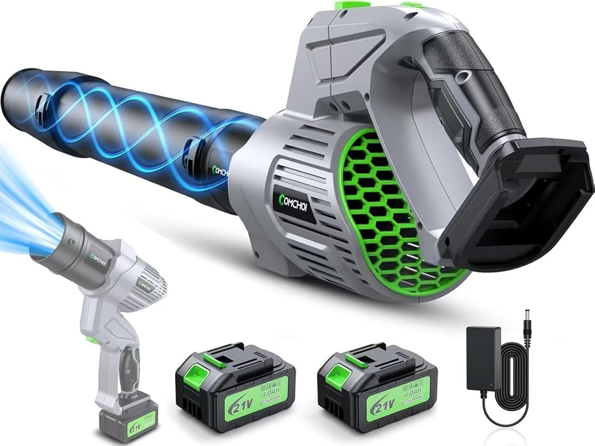 Comchoi Electric Leaf Blower Cordless, 680 CFM 5 Speed Mode, 2 Batteries & Charger, Handheld Cordless Leaf Blowers for Lawn Care