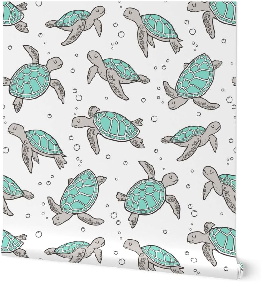 Spoonflower Removable Wallpaper 6ft x 2ft - Sea Turtles Nautical Ocean Mint Green White Turtle Fish Summer Custom Pre-Pasted Wallpaper