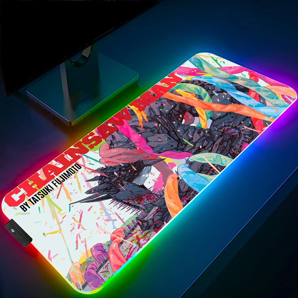 Mouse Pads Chainsaw Man Anime RGB Gaming Mouse Mat Gamer XXL Large LED Keyboard Desk Mat with 14 Lights Modes 35.43 inch X 15.74 inch X0.16 inch