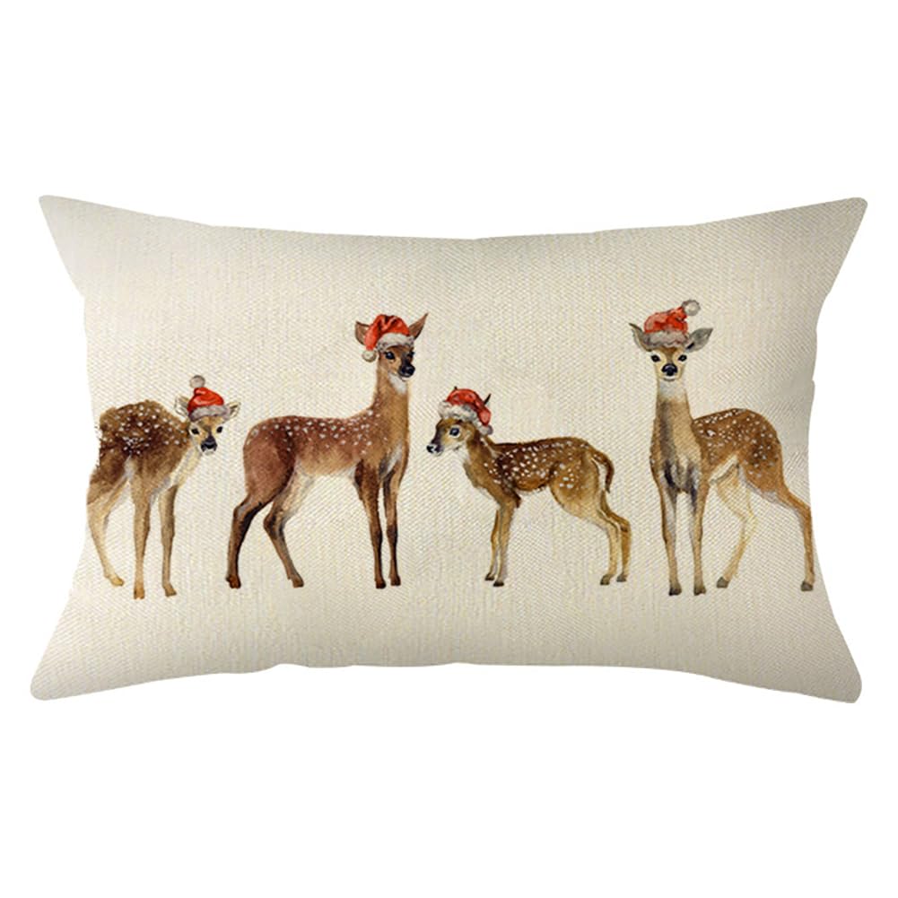 Ogiselestyle Watercolor Christmas Reindeer Throw Pillow Covers, 12 x 20 Inch Christmas Hat Winter Holiday Cushion Case for Sofa Couch