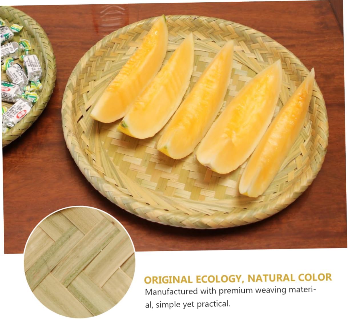 Handmade Bamboo Woven Storage Basket 11.81X11.81X1.18In Food Serving Tray for Fruit Candy Kitchen Dining Outdoor Picnic Party Container