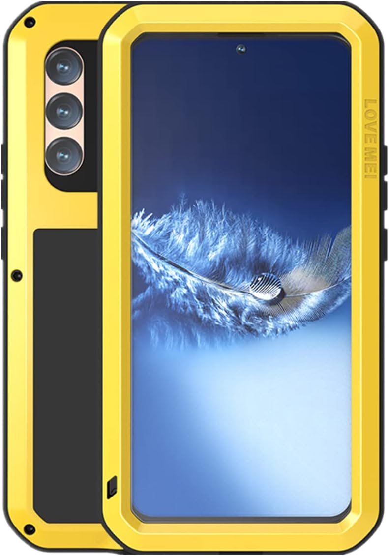 LOVE MEI Compatible with Samsung Galaxy S22 Plus Case, Outdoor Sports Waterproof Military Heavy Duty Shockproof Dust/Dirt Proof Hybrid Aluminum Metal+Silicone+Tempered Glass Case Hard Cover (Yellow)