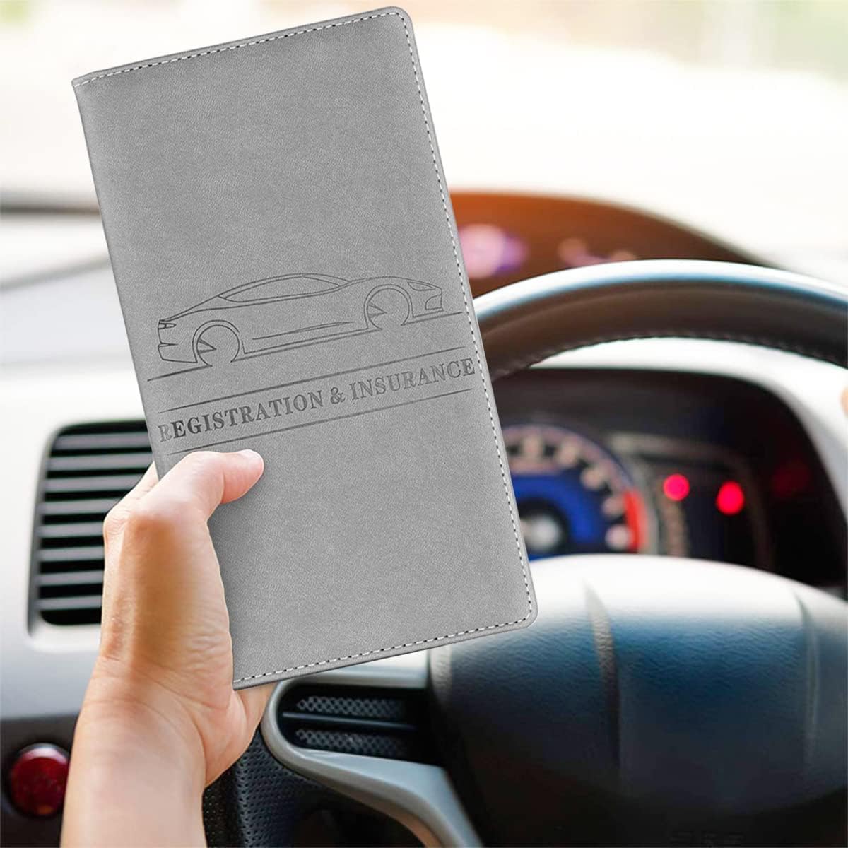 LOSIF Car Insurance and Registration Holder, Vehicle Documents Wallet Case, Car Card Holder with Magnetic for Documents, ID Cards, License, Universal Car Accessories (Gray) 4