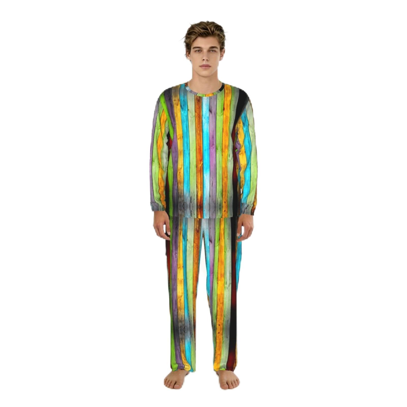 Conjunto de pijama para hombre de manga larga con estampado de tablas de madera coloridas, conjuntos de pijamas suaves para hombre, ropa de descanso cómoda para hombres, tallas S-3XL