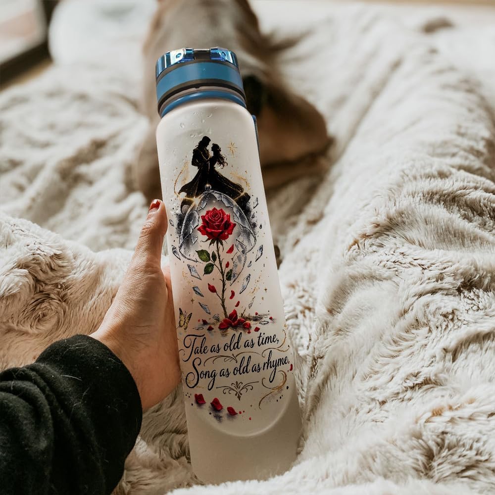 32oz 1liter Tale as Old as Time Beast and Rose, Inspirational Motivational Water Tracker Bottle with Times Marker & Removable Strainer, Water Bottle with Time to Drink for Sports, Home, Work