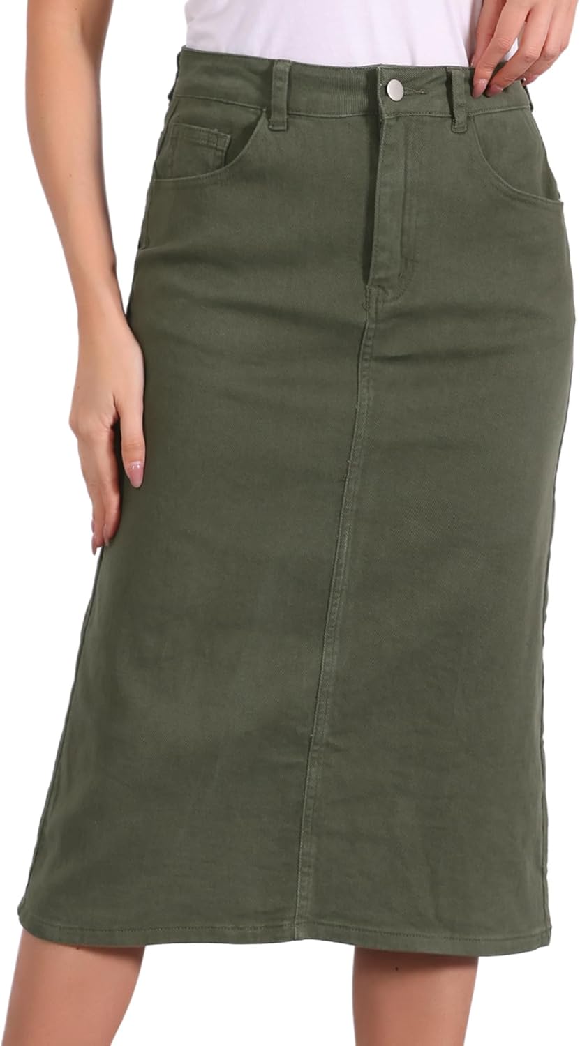 Allegra K Casual Denim Skirt for Women's High Waist Split Back Pockets Midi Jean Skirts