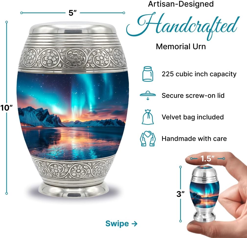 Set of 6 Cremation Urns for Human Ashes Includes 1 Large Urn with 4 Small Keepsakes & 1 Silver Necklace - Aurora Lake