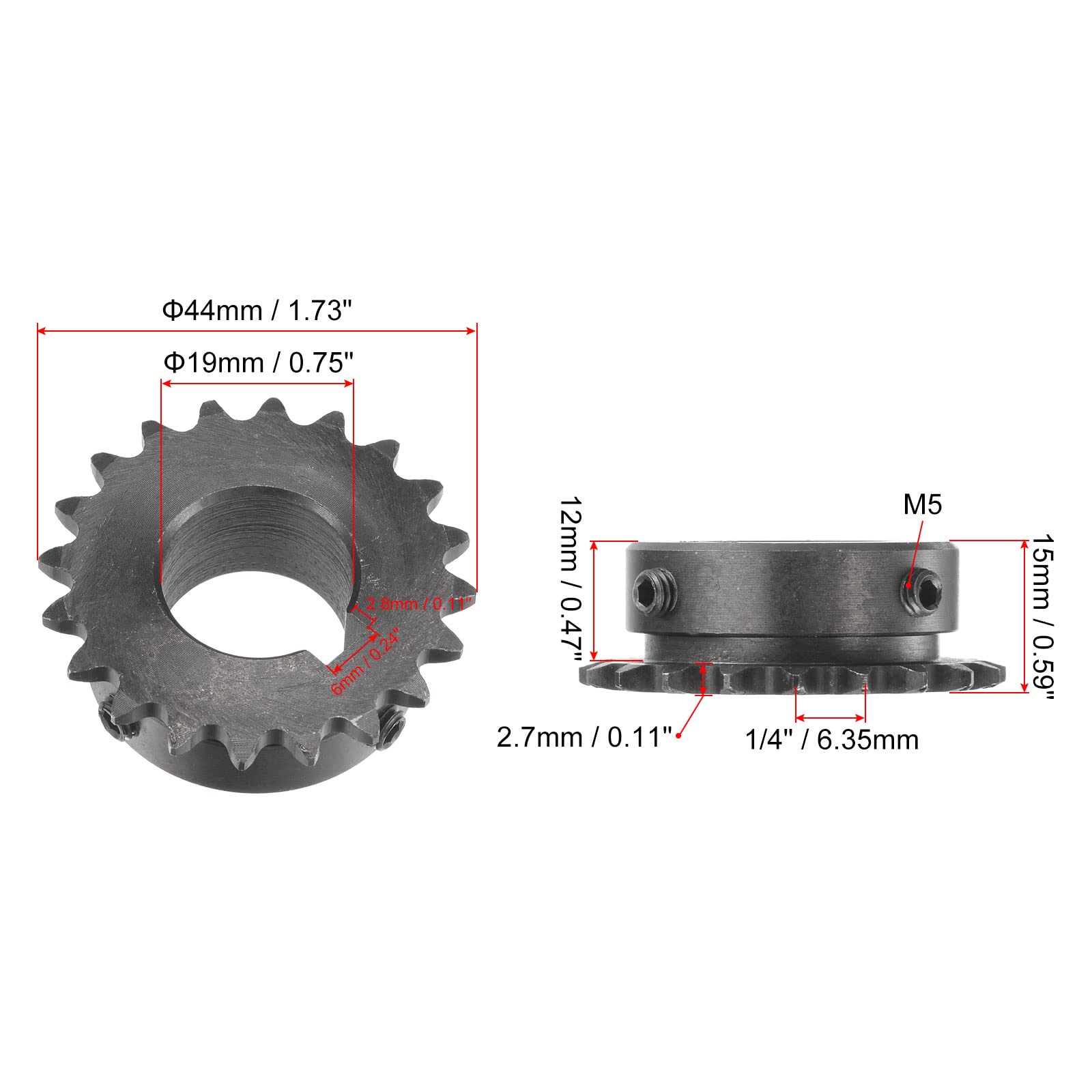 Pignon 20 Dents Type B - 1/4 Pas - Alésage 19mm - Acier Carbone C45 Noir Oxyde - Avec Vis