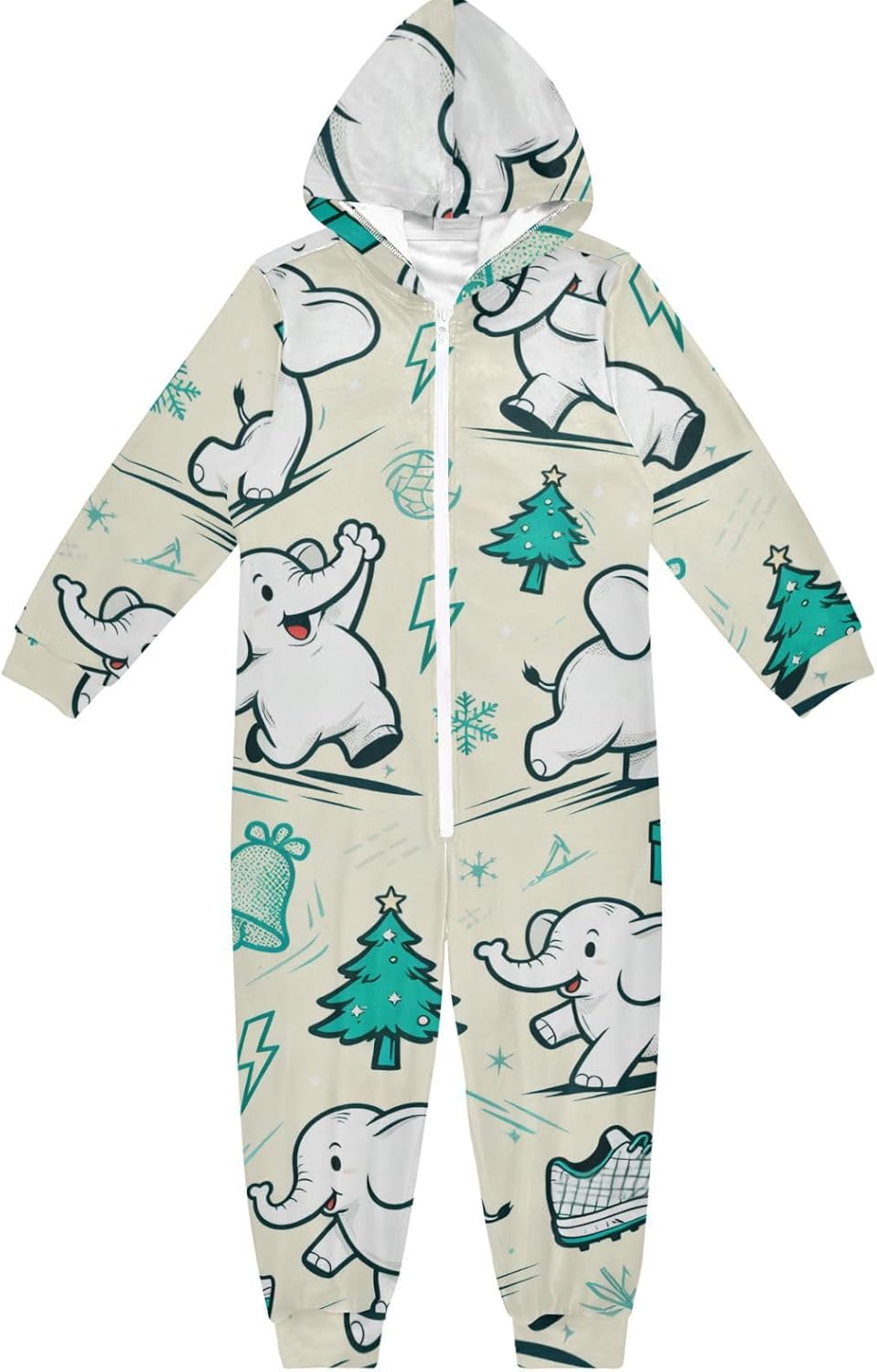 Cute Elephant Snowflake Christmas GreenPajamasSoft Warm Hooded One-Piecing Pjsfor Christmas Home