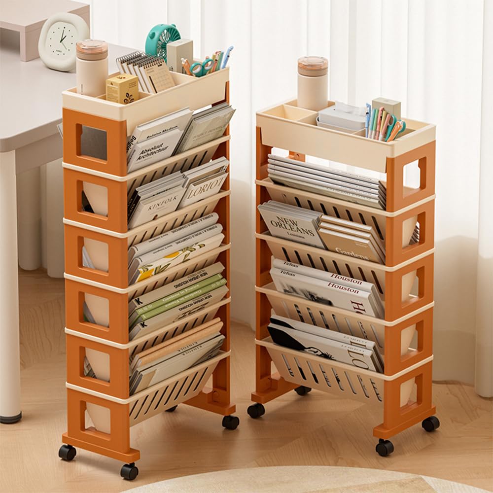 NUODWELL Mobiles Bücherregal mit Rollen, abnehmbarer Kunststoff-Aufbewahrungs-Organizer, Kinder-Bücherregal, großes Fassungsvermögen, Zeitschriftenständer, Buchwagen, Rollwagen für Büro, Wohnheim,