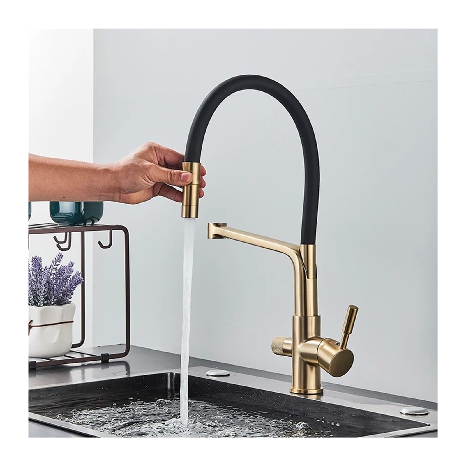 Grifo de Cocina con Filtro de Agua y Doble manija, Grifo de Cocina con Acabado Cepillado Dorado, Grifo de Cocina purificador de Agua fría y Caliente, Mezclador de tocador de baño