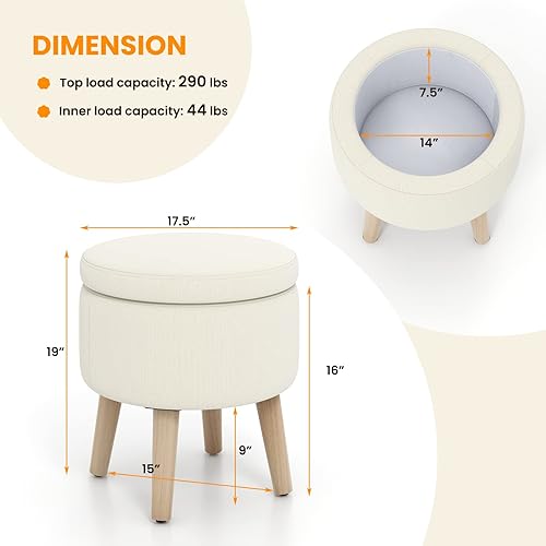Miniatura 3 de GORELAX Otomana redonda de almacenamiento, reposapiés de 19 pulgadas de alto con bandeja, asiento reposapiés con tapa extraíble, patas de madera