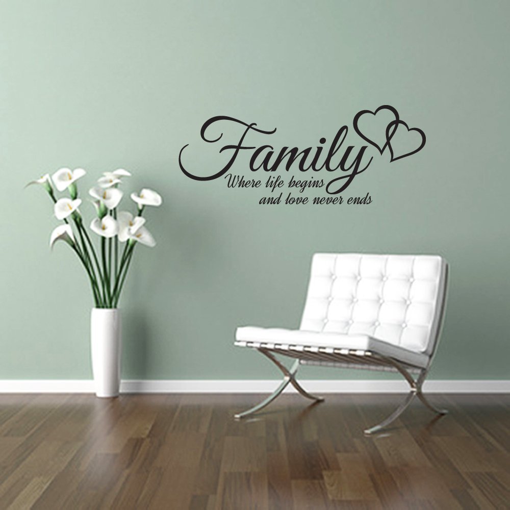 Family Where Life Begins and Love Never Ends, Quote with Entwined Hearts Wall Art Sticker Decal Words, Black, 58x23 cm