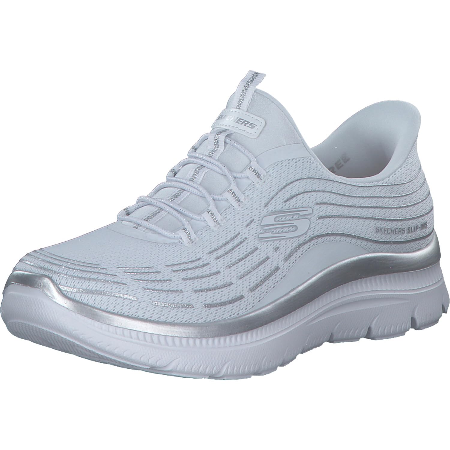 Skechers Women's White Mesh Bungee Glitter Print Slip On Trainers in Size 8, Sports Direct