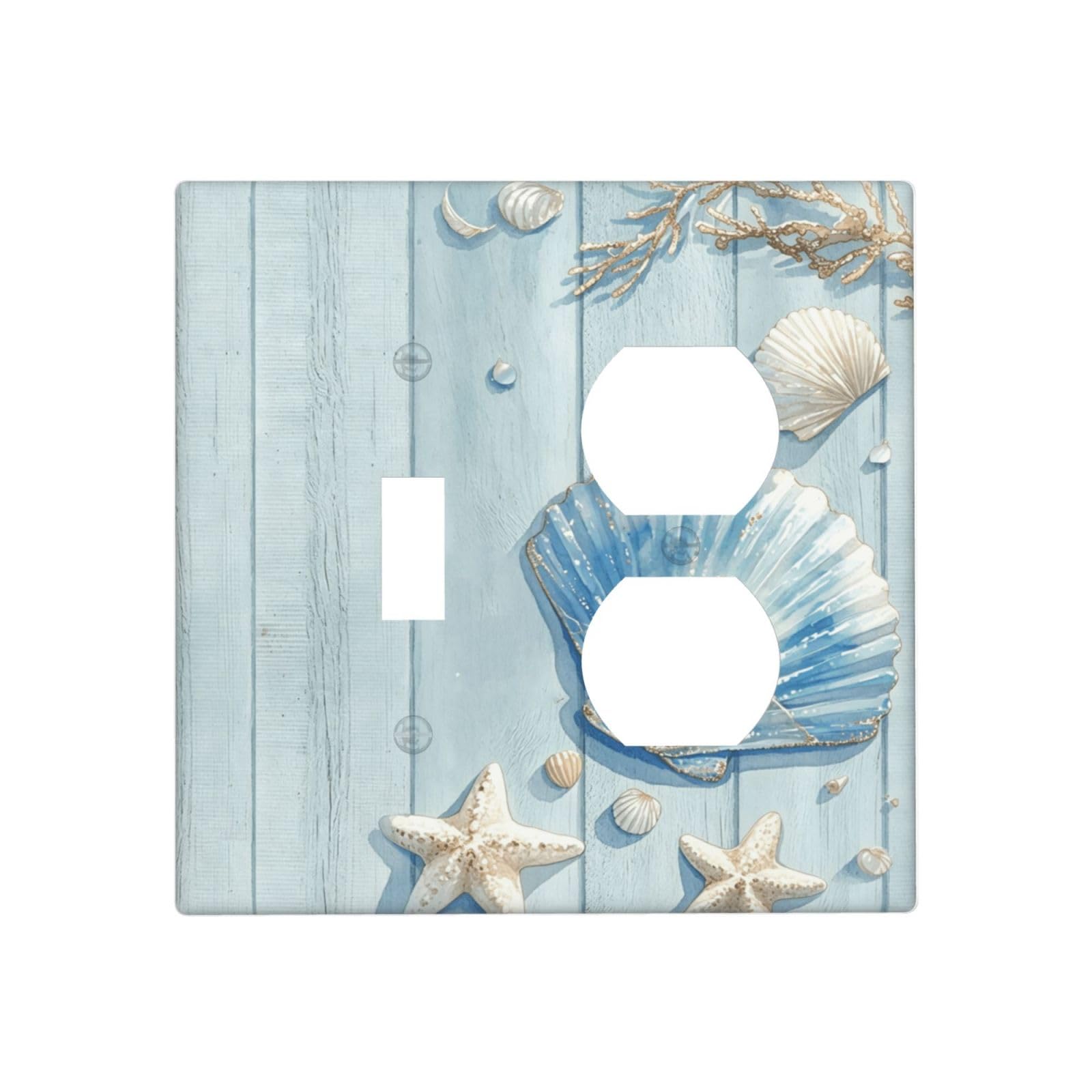 Dwbguo Decorative Outlet Covers Coastal Seashell Starfish 2 Gang Wall Plate Single Toggle Duplex Combo Nautical Watercolor Blue Wood Beach Light Switch Covers Switch Plate Cover Bathroom Home Decor