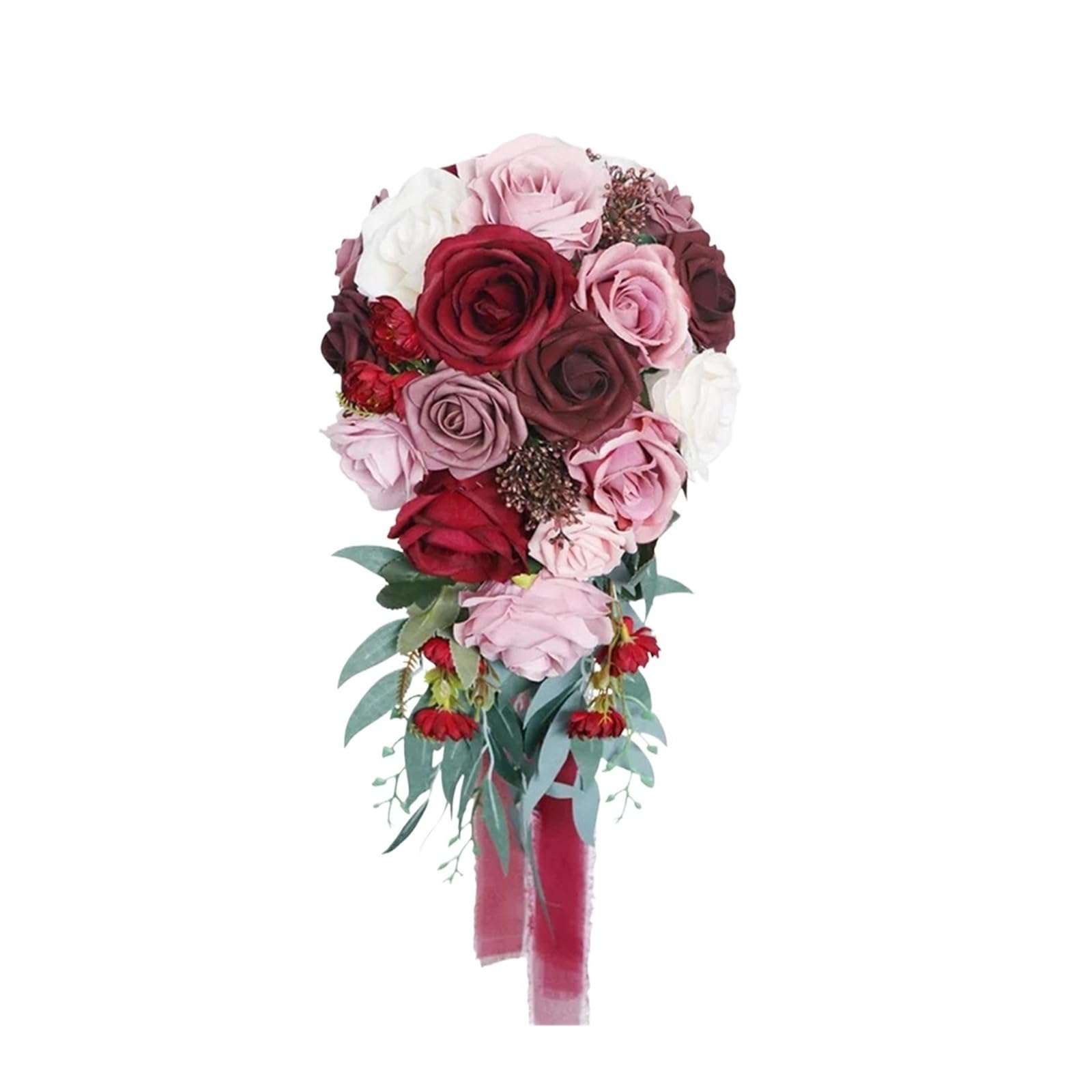 Fiori di stoffa decorazione casa Bouquet da sposa a cascata rosa artificiale Porta gocce d'acqua Fiori Decorazione country polveroso per decorazione celebrazione evento(Wine Red)