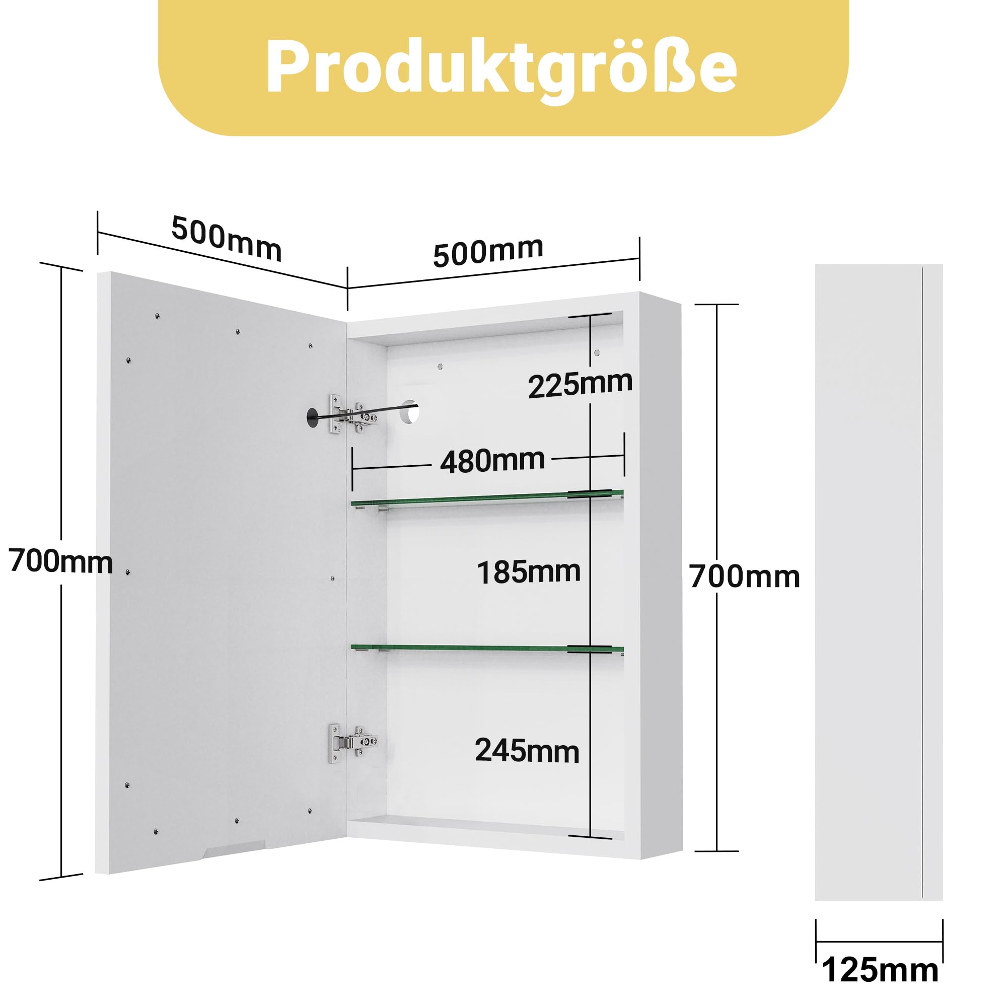 Szafka łazienkowa z lustrem i półką, z oświetleniem LED, 50 x 70 cm, 3 temperatury barwowe z możliwością ściemniania, przełącznik czujnika (biała, 50 x 70 cm)