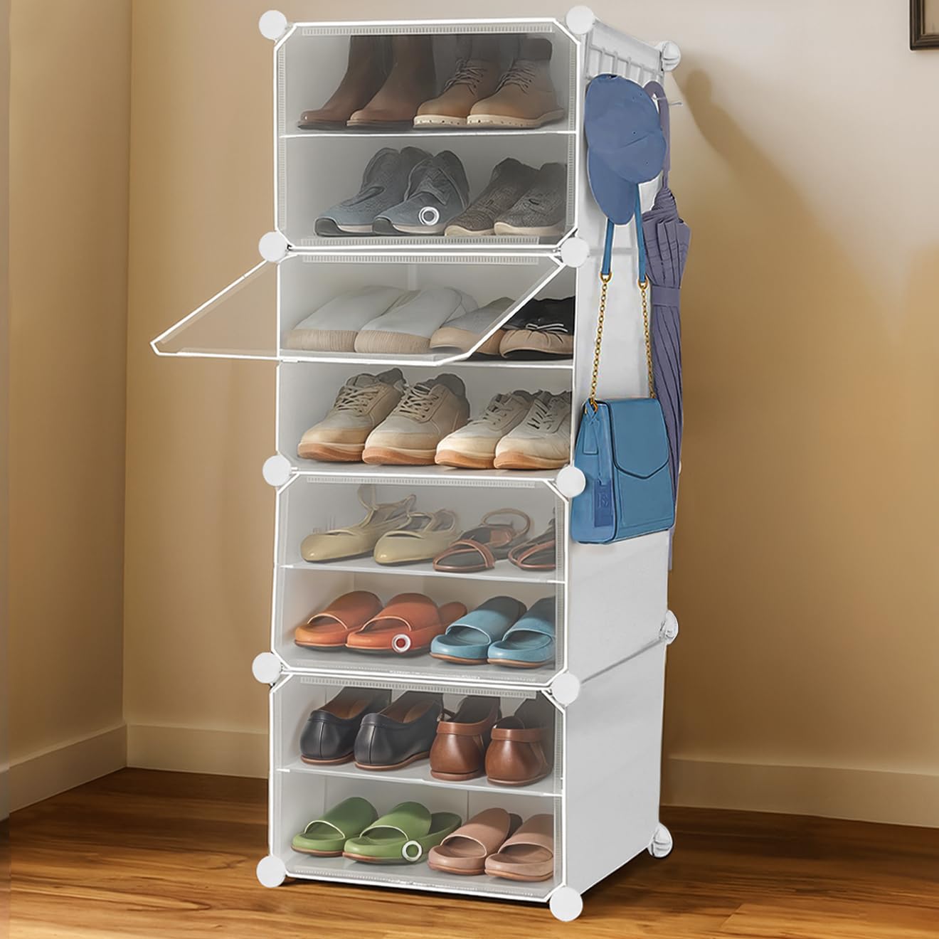ABOUT SPACE Shoe Rack for Home with Door - 16 Pair DIY Slipper Stand with Hanger, 4 Cube Expandable Shelves Closed Shoes Rack for Home Men, Women Heels Boots Flip-Flops (White - L40 X B30 x H120 cm)