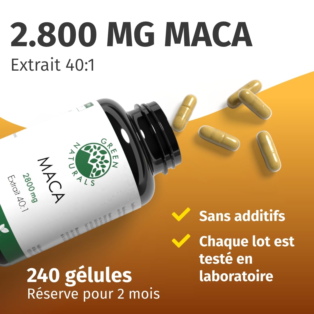 Green Naturals Maca Noir-Rouge-Jaune 40:1 – 2 800 mg extrait – 240 gélules | Équivaut à 112 000 mg de maca · Vegan · Cure de 2 mois · Testé en laboratoire