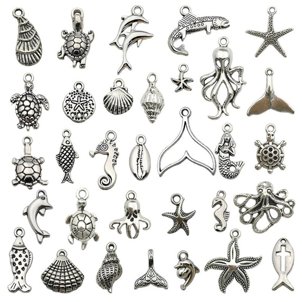 Marine Creatures Sea Animals Fishes Shells Charm Pendant Connector for DIY Jewelry Making Findings(Antique Silver)